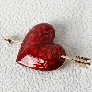 Elegant Red Heart Brooch with Gold Arrow